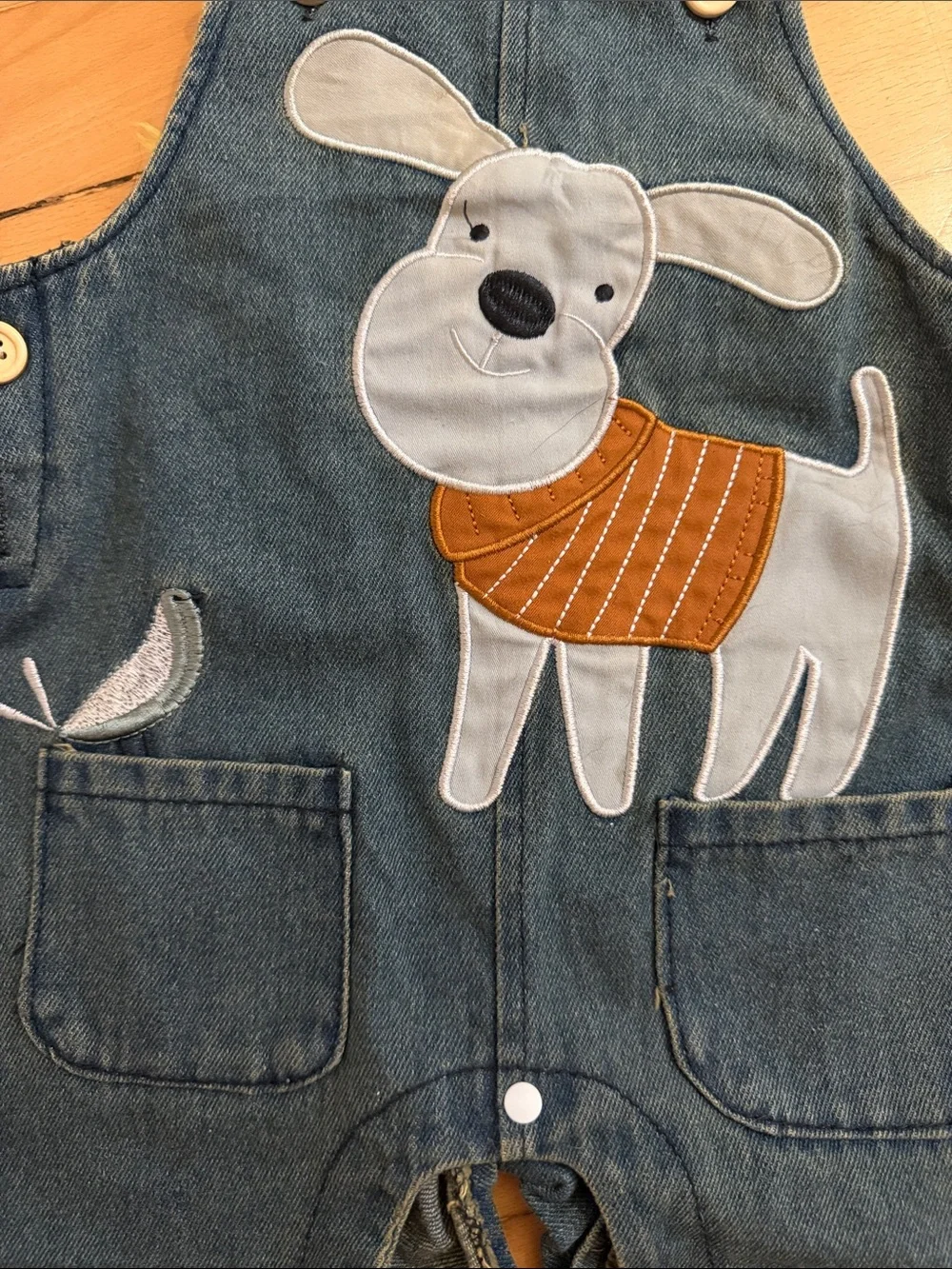 Unbranded Kids Rust-Trim Striped Bodysuit & Denim Dog Overalls Set
